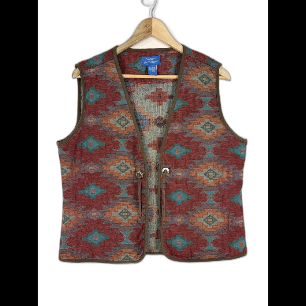 Vintage Natural Reflections Southwest Vest Silver Leather Ties Women’s Large